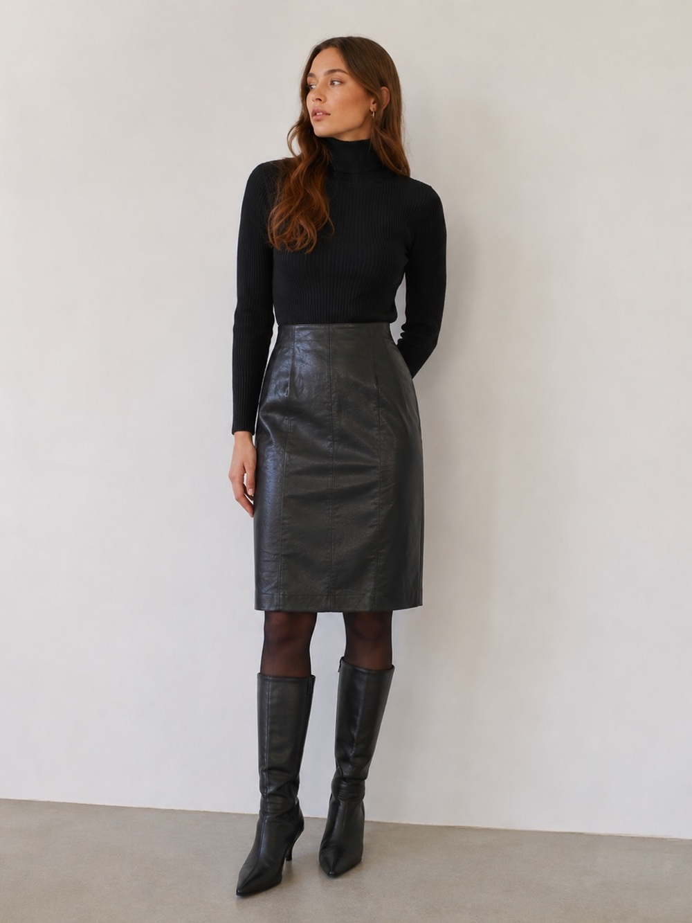 Vintage Evan-Picone Genuine Leather Pencil Skirt Size 6 Black Fully Lined